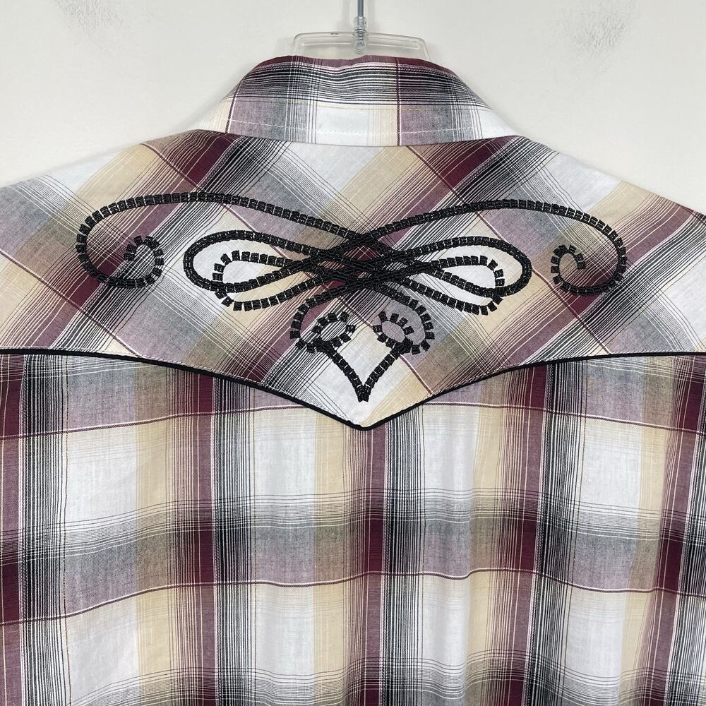 Roper Western Pearl Snap Shirt Men's XL Brown Plaid Embroidered Cowboy Ranchwear